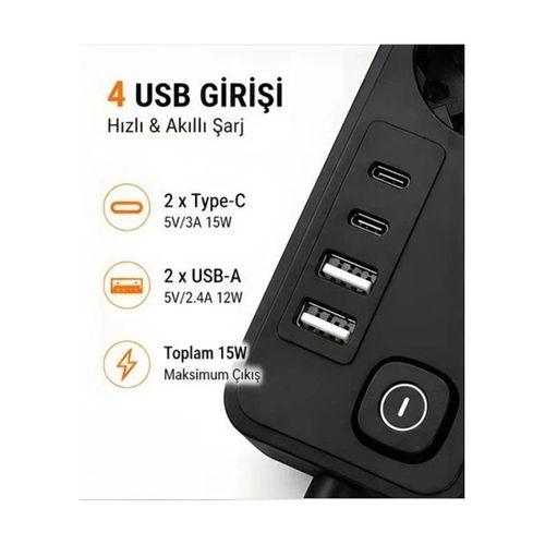 Akım Korumalı 5’li Priz 2xusb 2xtype-c Çıkış Akım Koruma Çoklu Priz Çoğaltıcı Anahtarlı Ftr-31 Siyah