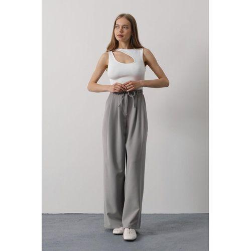 Pileli Bağcıklı Oversize Pantolon - Gri