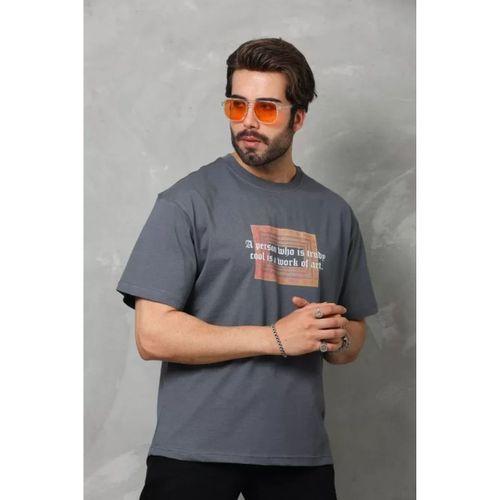 Unisex Bisiklet Yaka Baskılı Oversize T-Shirt - Füme