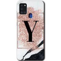 Samsung Galaxy A21s Kılıf HD Desen Baskılı Arka Kapak + Temperli Cam - Pembe Mermer Desenli Y Harfi