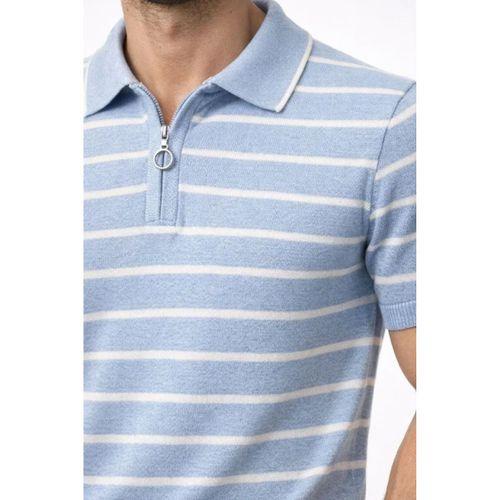 Erkek Triko Polo Yaka Fermuarlı Çizgili Tişört T-Shirt Yazlık Şık - Bebek Mavisi