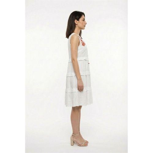 Kolsuz Mina Nakış Detaylı Bağcıklı Yaka Yazlık Vual Elbise Beyaz Byz