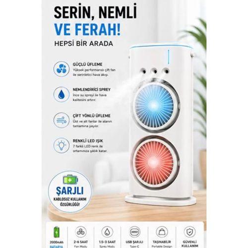 Çift Başlıklı Sprey Fan Nemlendirici Ve Renkli Led Işıklı Beyaz