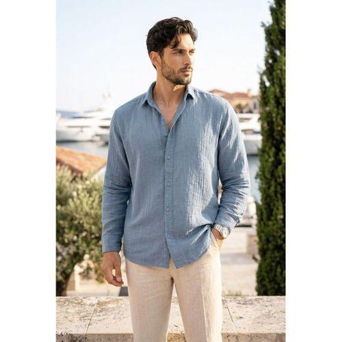 Nefes Alabilir Yarım Oversize Müslin Kumaş Uzun Kol Yakalı Erkek Gömlek - Soğuk Mavi