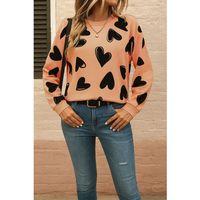 Kadın Uzun Kollu Bisiklet Yaka Kalp Desenli Iki Iplik Bluz