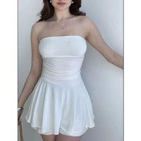 Straplez Mini Etek Görünümlü Şortlu Elbise Büzgülü Şık Yazlık - Beyaz