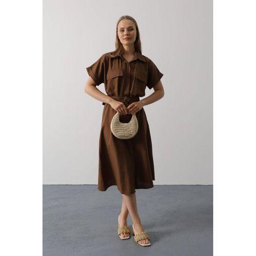 Kuşaklı Cep Detaylı Yarım Kol Elbise - Kahve