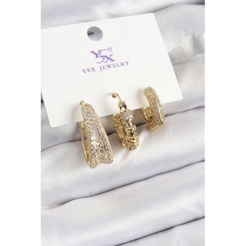 Pirinç Zİrkon Taşlı Halka Model Gold Renk 3'lü Kadın Küpe