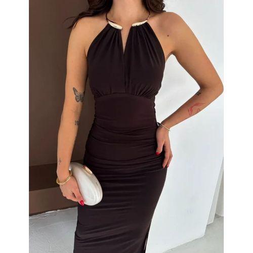 Uzun Abiye Elbise Yırtmaçlı Sırt Dekolteli Şık Gece Elbisesi - Kahverengi