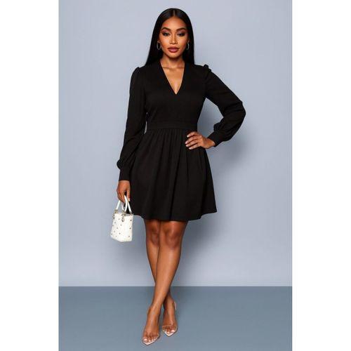 Kadın Uzun Kollu V Yaka Belden Hafif Pileli Scuba Krep Mini Boy Elbise