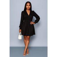 Kadın Uzun Kollu V Yaka Belden Hafif Pileli Scuba Krep Mini Boy Elbise