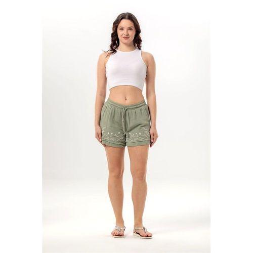 Beli Lastikli Cunda Çift Cepli Yazlık Nakışlı Müslin Mini Şort Zeytin Yeşili Zytnysl
