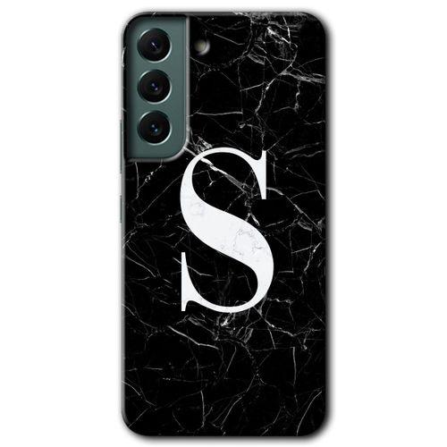 MRCİLETİSİM Samsung Galaxy S22 Kılıf HD Desen Baskılı Arka Kapak + Temperli Cam - Siyah Mermer Desenli S Harfi