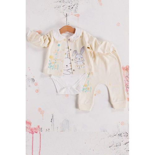 Tavşan Desenli Çiçekli 3'lü Hırkalı Kız Bebek Takım