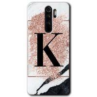 MRCİLETİSİM Xiaomi Redmi Note 8 Pro Kılıf Baskılı Kapak - Pembe Mermer Desenli K Harfi + 5D Tam Kaplayan Cam