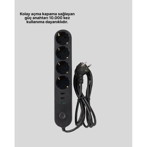4’lü Çoklu Priz 2 Usb Type-c Girişli Akım Korumalı Siyah