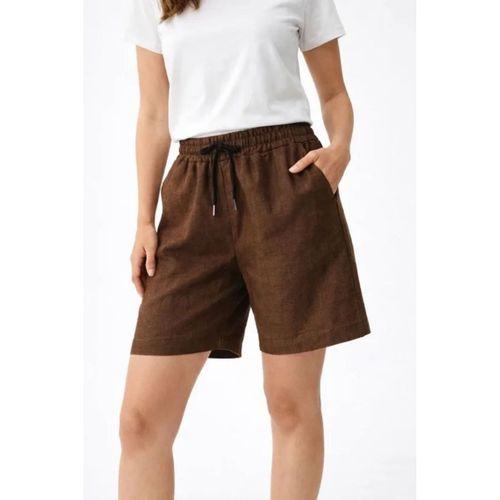 Keten Kumaş Cepli Rahat Kesim Bel Lastikli Şort - Kahverengi