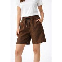 Keten Kumaş Cepli Rahat Kesim Bel Lastikli Şort - Kahverengi