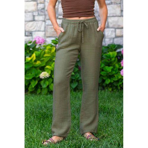 Beli Lastikli Multi Çift Cepli Müslin Kadın/Erkek Unisex Yazlık Pantolon Haki Hk