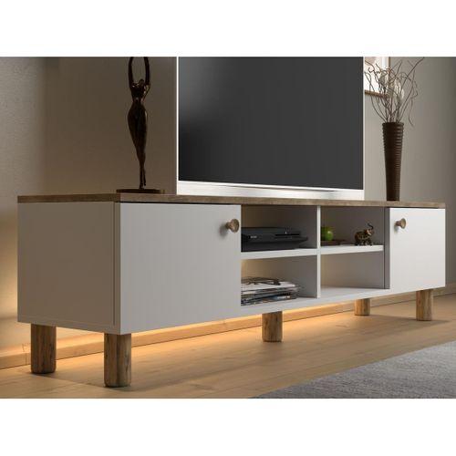 Nora Bohem Ledli Tv Ünitesi 150 Cm 2 Kapaklı 4 Raflı Dolaplı Atlantik Çam / Beyaz