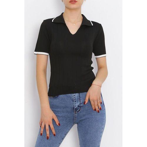 Polo Yaka Fitilli Triko Tişört Siyah