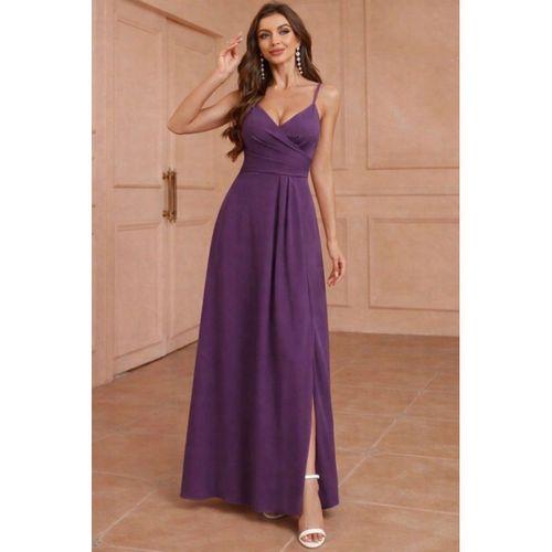 Kadın Ip Askılı Kruvaze Yakalı Yırtmaçlı Uzun Ithal Krep Elbise