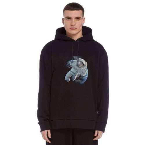 Astronot Dünyadan Uzaya Yolculuk Baskılı Siyah Erkek Kapşonlu Sweatshirt