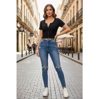 Kadın Siyah Çift Fermuarlı Modern Yarım Kol Crop Top Bluz