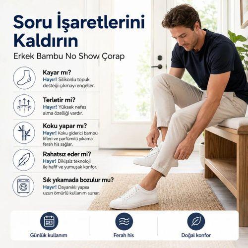 Erkek Bambu 12’li Babet Çorap Görünmez No Show Dikişsiz Silikon Topuklu