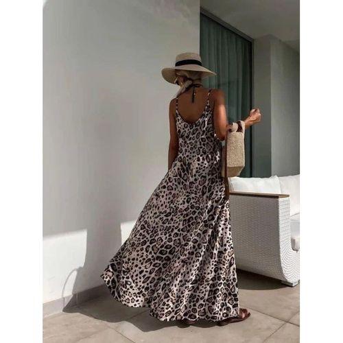 Kadın Askılı Yuvarlak Yakalı Geniş Kesim Leopar Desenli Uzun Süprem Elbise