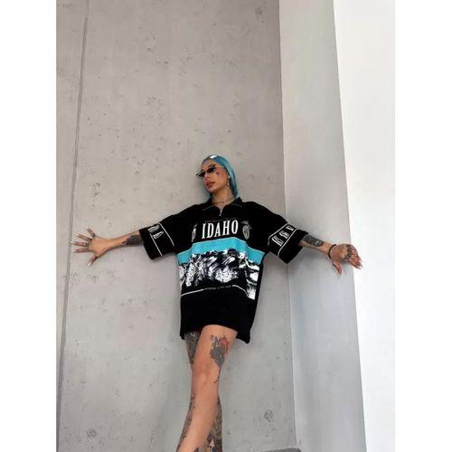 Pilelistore Unisex Baskılı Yarım Fermuarlı T-Shirt - Siyah