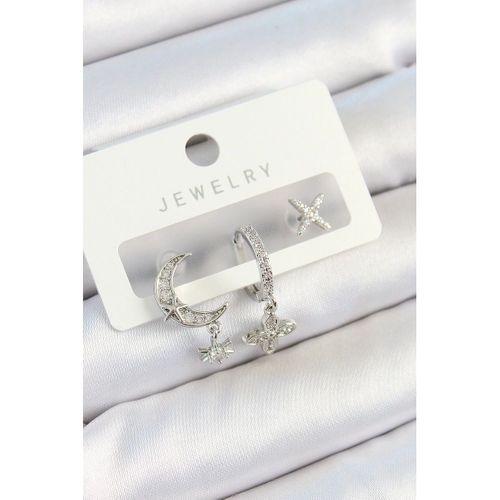 Pirinç Zirkon Taşlı Çiçek Ve Ay Model Gümüş Renk 3'lü Çift Kadın Küpe Set