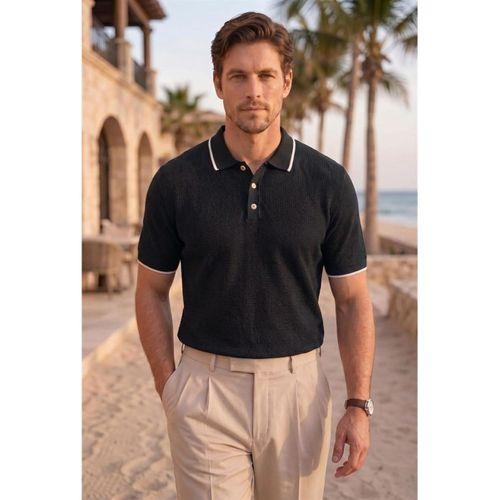 Balzac Yakası Şeritli Düğmeli Polo Yaka Basic Günlük Petek Örgü Triko Erkek T-Shirt - Siyah