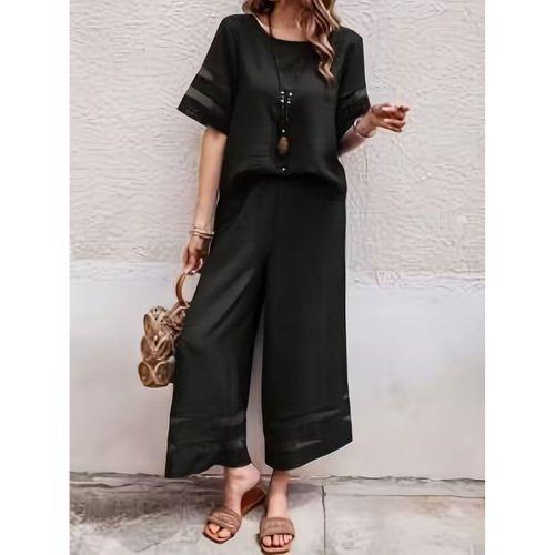 Kadın Kısa Kollu Bisiklet Yakalı Tül şerit Detaylı Bluz Ve Pantolon Ikili Takım