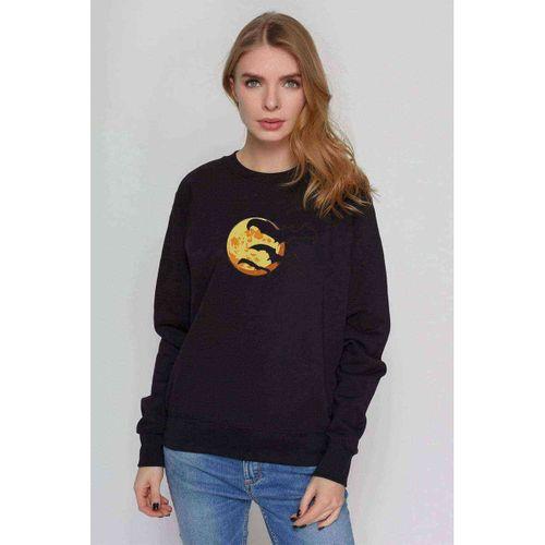 Silhouette Orange Halloween Moon with Bats Baskılı Siyah Kadın Sweashirt