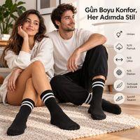 Siyah Çorap Beyaz Çizgili 3'lü Set Unisex Uzun Soket Günlük Spor Rahat Kolej Stil Çorap Seti