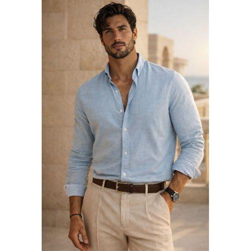 Bien Pamuk Keten Erkek Gömlek - Sis Mavi