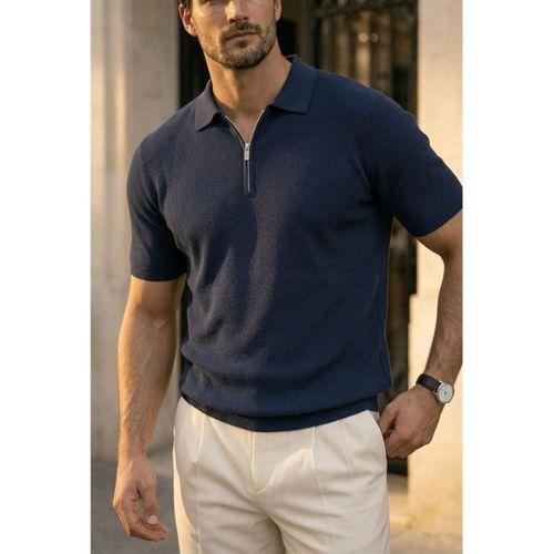 Jeff Selanik Örgü Polo Yaka Yarım Fermuarlı İnce Triko Erkek T-Shirt - Lacivert