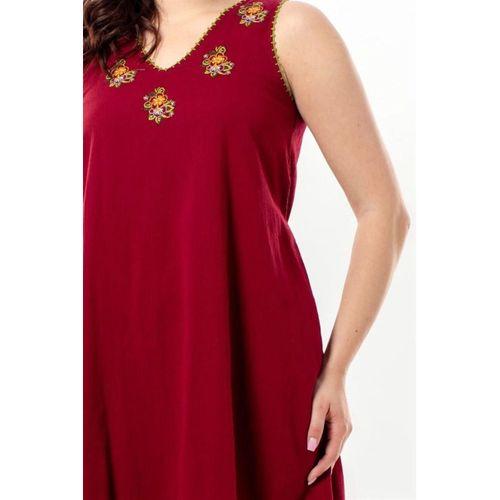 Kolsuz Efsane V Yaka Nakışlı Yazlık Şile Bezi Midi Boy Elbise Bordo Brd