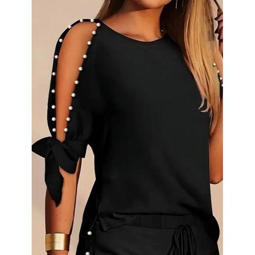 Kadın Kısa Kollu Bisiklet Yaka Yarı Açık Omuz Inci Detaylı Short T-shirt Viskon Ikili Takım