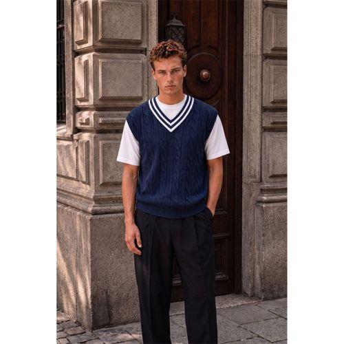Oxford Relaxed Fit Şerit Yakalı Saç Örgülü V Yaka Erkek Triko Süveter - İndigo