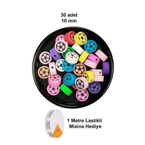30 Adet 10 mm Polimer Kil Fimo Boncuk Takı Bileklik + 1 Metre Lastikli Misina Hediye - Renkli Çiçek