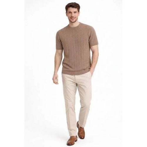 Erkek Yazlık Fitilli Triko Tişört Kısa Kol Bisiklet Yaka T-Shirt - Kahverengi