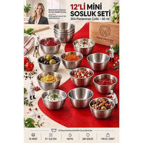 12'lı Çelik Mini Sosluk Seti 6x3.5 cm Reçellik Kahvaltılık Patates Sos Kabı Joker Çerezlik Mezelik Paslanmaz  723692