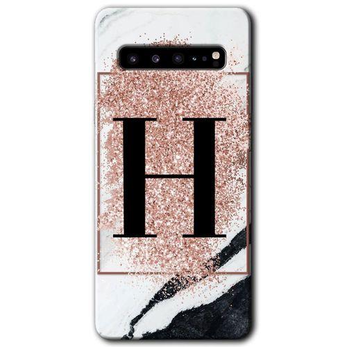 MRCİLETİSİM MRCİLETİSİM Samsung Galaxy S10 Plus Kılıf HD Desen Baskı Arka Kapak + TemperliCam - Pembe Mermer Desenli H Harf