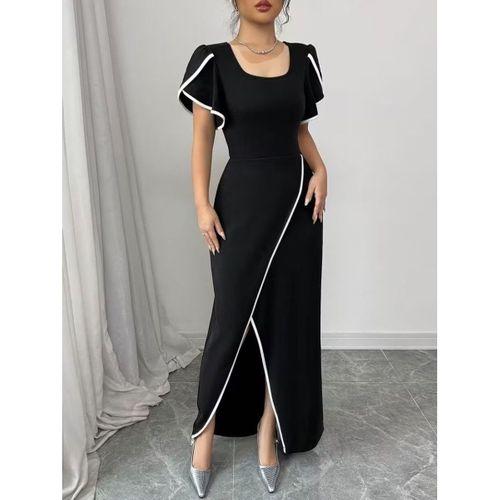 Kadın Kısa Kollu Kare Yakalı önden çapraz Kesim Detaylı Krep Elbise