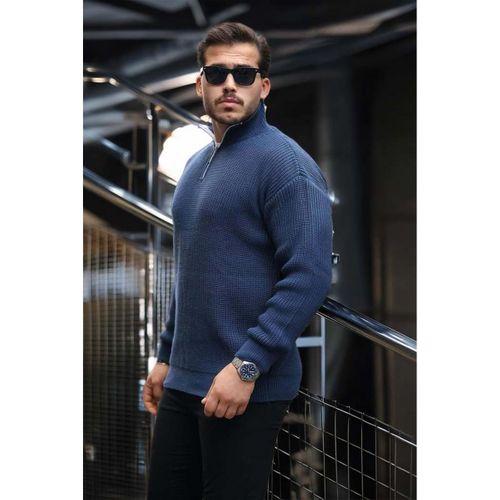 Nolan Oversize Selanik Örgü Yarım Fermuar Erkek Triko Kazak - İndigo