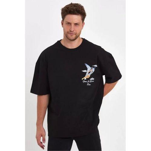 Erkek Melek Baskılı Oversize T-shirt - Siyah