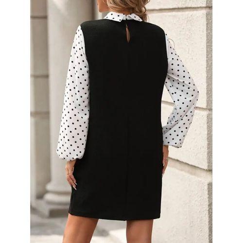 Kadın Uzun Kollu Yakalı Kol Ve Yaka Puantiye Detaylı Ithal Krep Elbise