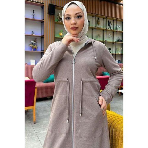 Kapşonlu Belden Bağlamalı Fermuarlı Sade Basic Uzun Tunik ve Pantolon İkili Spor Takım - 03065.016 - Vizon